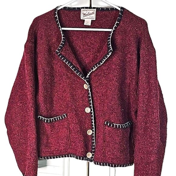 Cardigan by Woolrich Wool Cotton Tweed Blend Maroon with color flecks Size Large - Picture 2 of 6